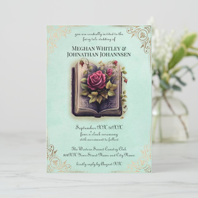 Invitation Romantic Storybook Fairy Tale Mariage sur Turquois (Debout devant)