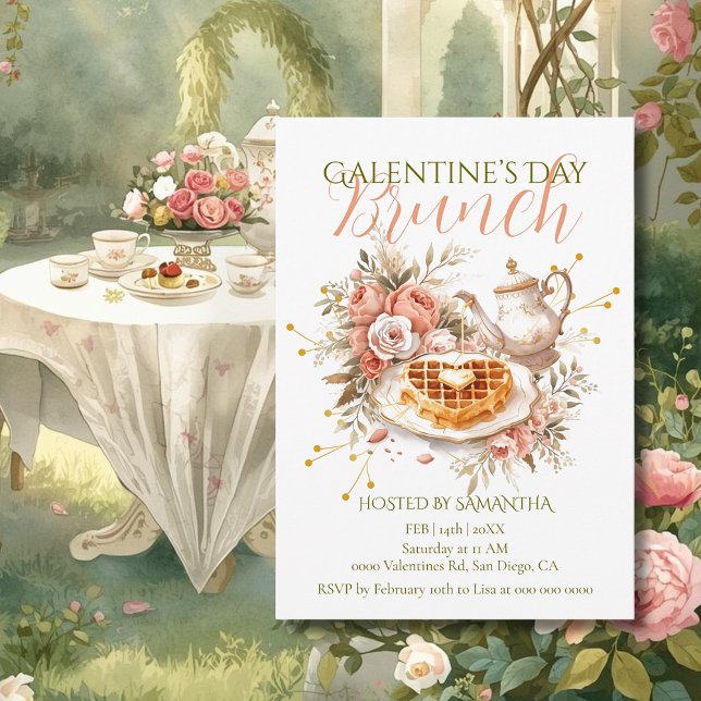 Invitation Romantic Tea Waffle Galentine Brunch Floral Charm (Créateur téléchargé)