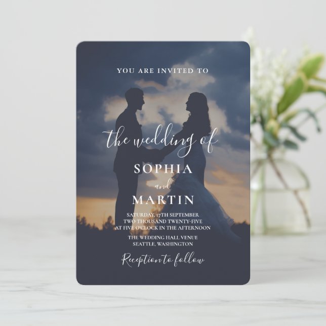Invitation Romantic Twilight Silhouette Photo Script Wedding  (Debout devant)