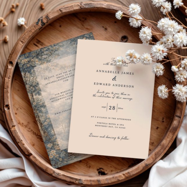 Invitation Romantic Vintage Botanical Blue Beige tapestry (Créateur téléchargé)