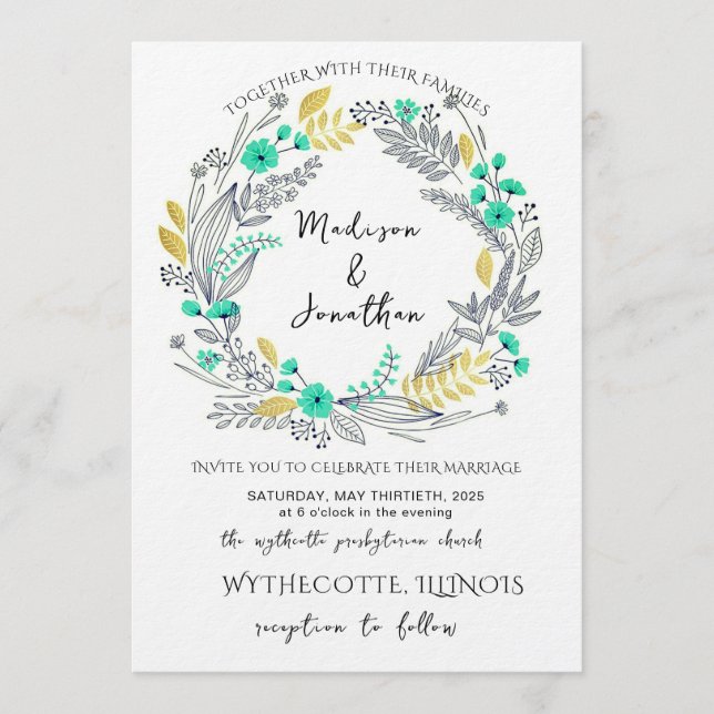 Invitation Romantic Watercolor Flower Wreath Wedding (Devant)