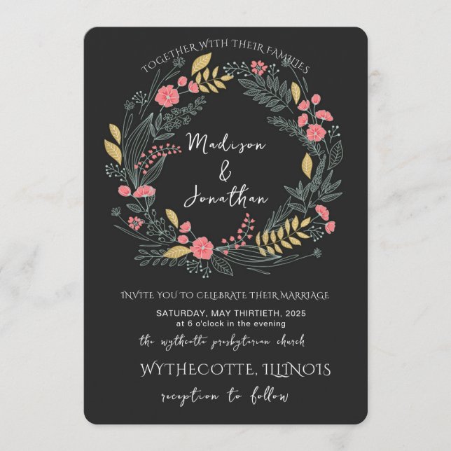 Invitation Romantic Watercolor Flower Wreath Wedding (Devant)