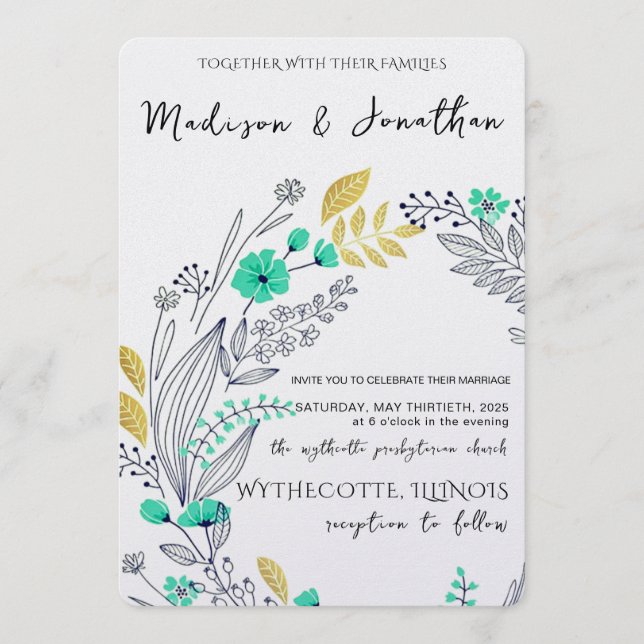 Invitation Romantic Watercolor Flower Wreath Wedding (Devant)