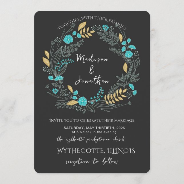 Invitation Romantic Watercolor Flower Wreath Wedding (Devant)