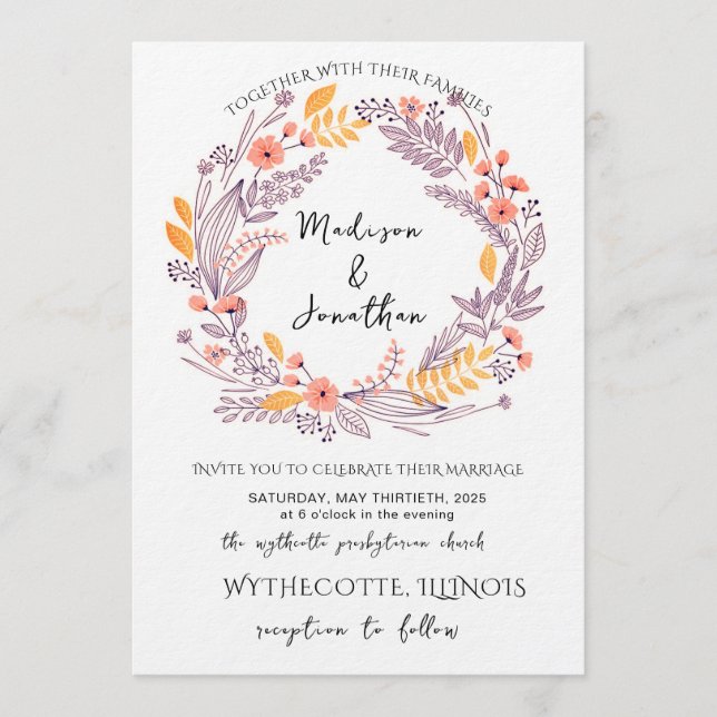 Invitation Romantic Watercolor Flower Wreath Wedding (Devant)