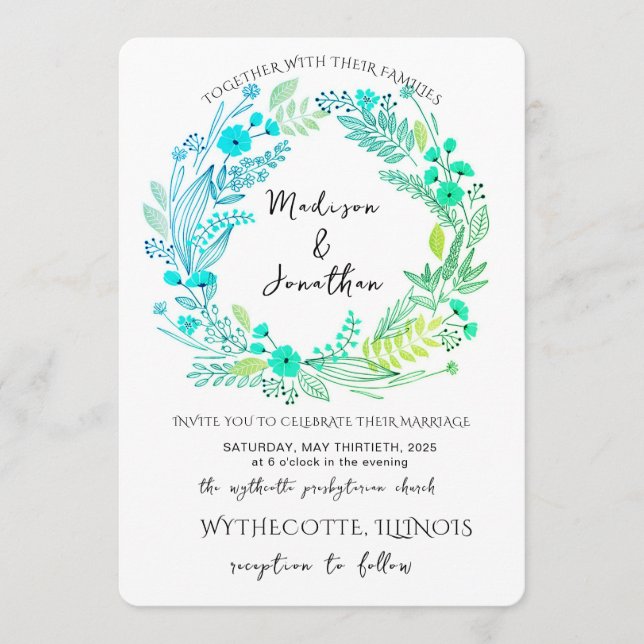 Invitation Romantic Watercolor Flower Wreath Wedding (Devant)