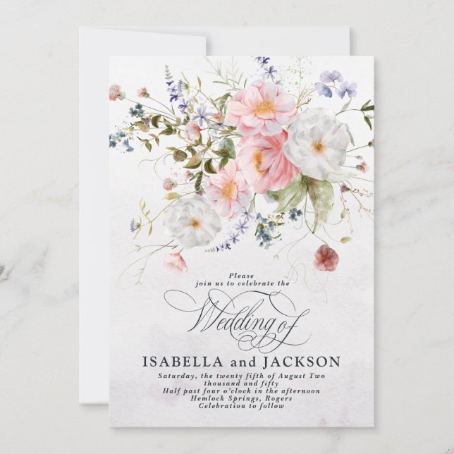 Invitation Romantic Watercolor Pink and White Floral Wedding (Devant)