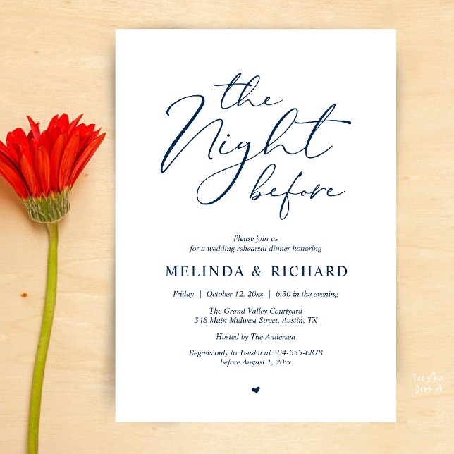 Invitation Romantic Wedding Rehearsal Dinner The Night Before (Modern Romantic Wedding Rehearsal Dinner The Night Before Forever Invites Card in Navy Blue)