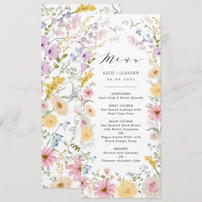 Invitation Romantic Wildflower Meadow Wedding Menu Card (Devant / Derrière)