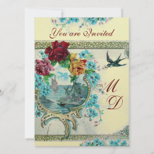 INVITATION ROMANTİCA 3 ÉLÉGANT OR BLEU MARIAGE MONOGRAMME