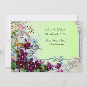 Invitation ROMANTICA  4 MONOGRAM, Fête de mariage violet vert