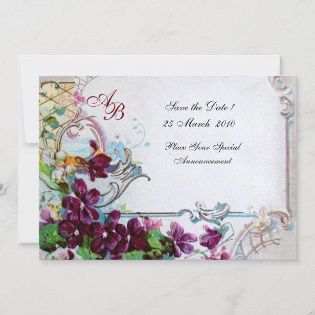 Invitation ROMANTICA  4 MONOGRAM Mariage Blanc Violet Fête de (Devant)