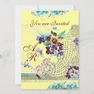 Invitation ROMANTICA Bleu rose Jaune Floral Mariage Monogramm