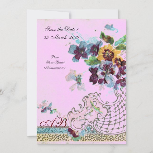 Invitation ROMANTİCA Bleu Rose Lilas Monogramme Floral de Mar (Devant)
