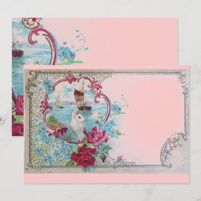 Invitation ROMANTICA Élégant floral bleu rose mariage fête (Devant / Derrière)