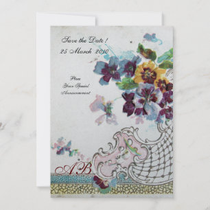 Invitation ROMANTICA Floral Bleu Rose Argent Mariage Pensées
