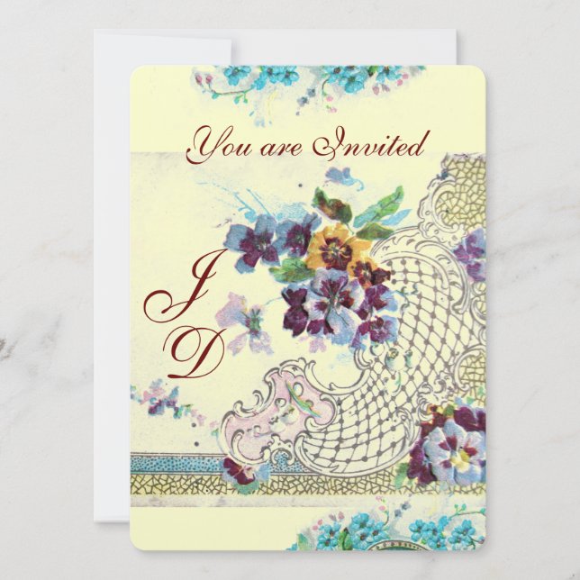Invitation ROMANTICA Floral Bleu rose Blanc Mariage Pansies (Devant)