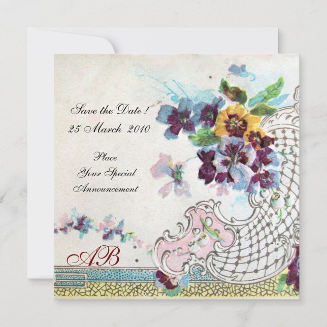 Invitation ROMANTICA Floral Bleu Rose Blanc Monogramme de Mar (Devant)