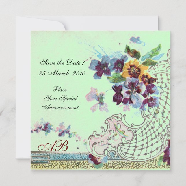 Invitation ROMANTICA Floral Bleu Rose Vert Mariage Monogramme (Devant)