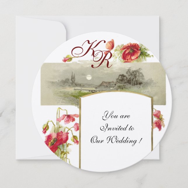 Invitation ROMANTİCA MONOGRAM / COQUELICOTS,rouge,vert,champa (Devant)