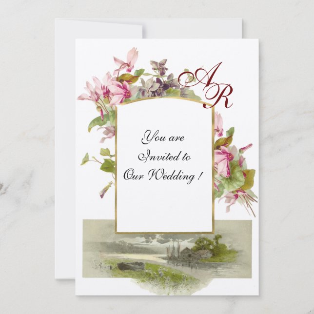 Invitation ROMANTİCA MONOGRAM /CYCLAMENS, feutre vert rose (Devant)