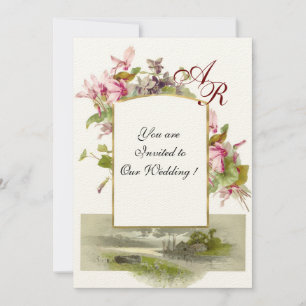 Invitation ROMANTİCA MONOGRAM /CYCLAMENS, feutre vert rose