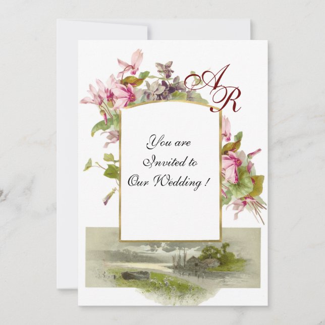 Invitation ROMANTİCA MONOGRAM /CYCLAMENS, vert rose blanc (Devant)
