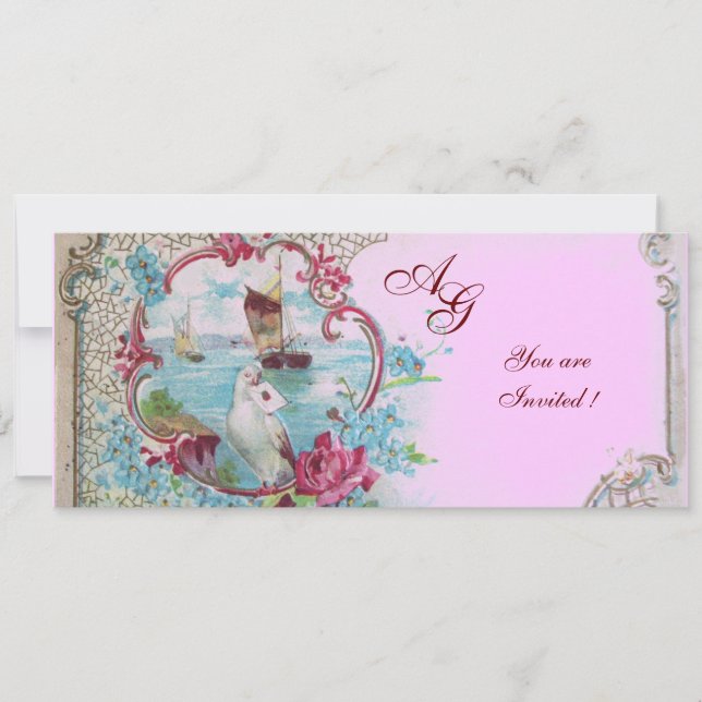Invitation ROMANTICA  MONOGRAM, rouge blanc bleu rose (Devant)