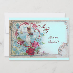Invitation ROMANTICA MONOGRAM, rouge blanc bleu rose