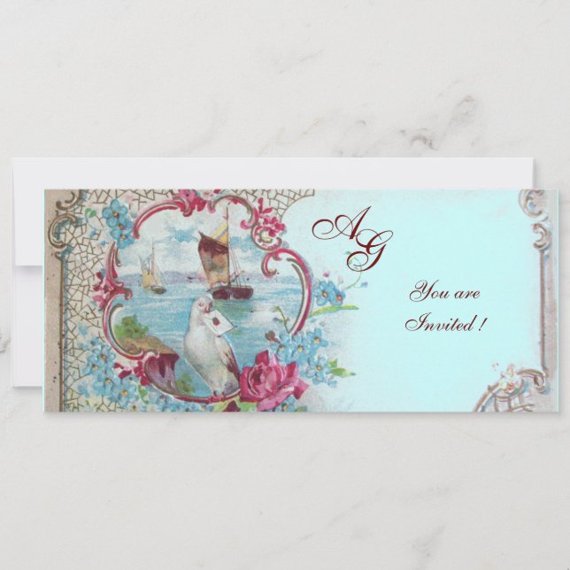 Invitation ROMANTICA  MONOGRAM, rouge blanc bleu rose Mariage (Devant)