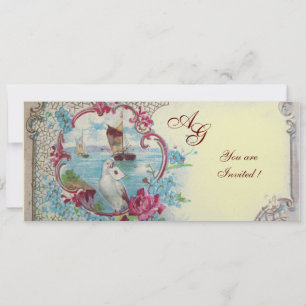Invitation ROMANTICA MONOGRAM, rouge bleu rose blanc glace