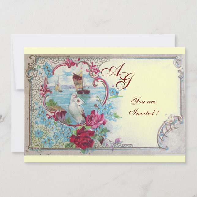 Invitation ROMANTICA  MONOGRAM, rouge bleu rose jaune or (Devant)