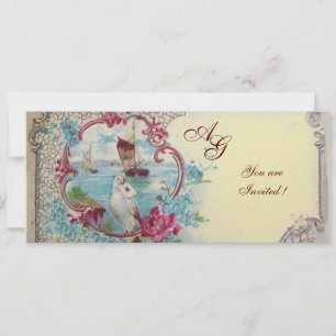 Invitation ROMANTICA  MONOGRAM, rouge  bleu rose jaune or
