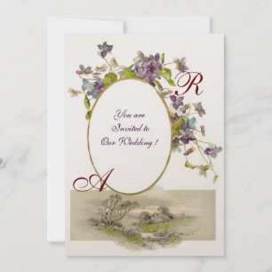 Invitation ROMANTİCA MONOGRAM /VIOLETS, violet vert, champagn