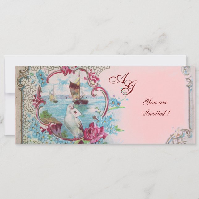 Invitation ROMANTICA  MONOGRAMME, rouge blanc bleu rose (Devant)