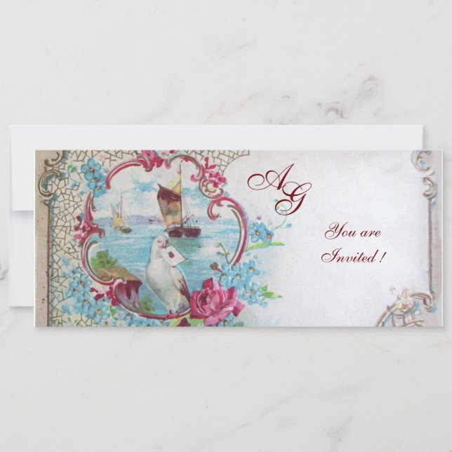 Invitation ROMANTICA  MONOGRAMME, rouge blanc bleu rose (Devant)