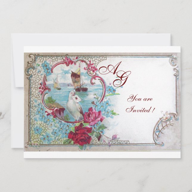 Invitation ROMANTICA  MONOGRAMME, rouge blanc bleu rose (Devant)
