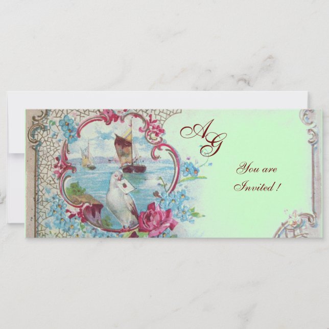 Invitation ROMANTICA  MONOGRAMME, rouge blanc bleu rose vert (Devant)