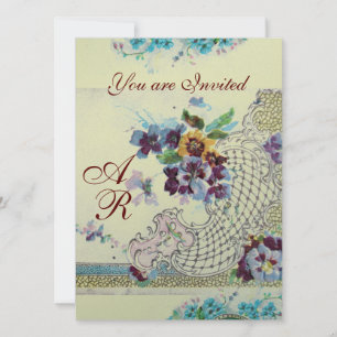Invitation ROMANTİCA Rose Bleu Argent Floral Mariage Monogram