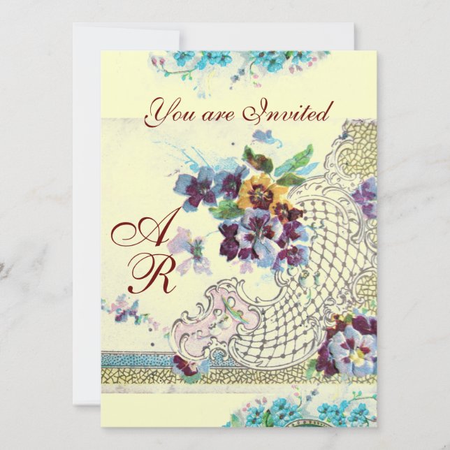 Invitation ROMANTİCA Rose Bleu Argent Monogramme de Fleurs de (Devant)