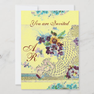 Invitation ROMANTICA Rose Bleu Jaune Monogramme Floral de Mar
