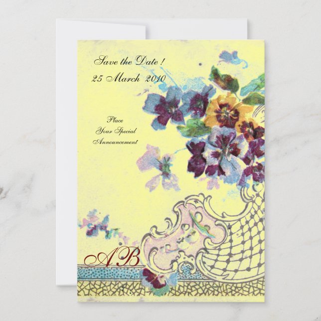 Invitation ROMANTICA Rose Bleu Jaune Monogramme Floral de Mar (Devant)