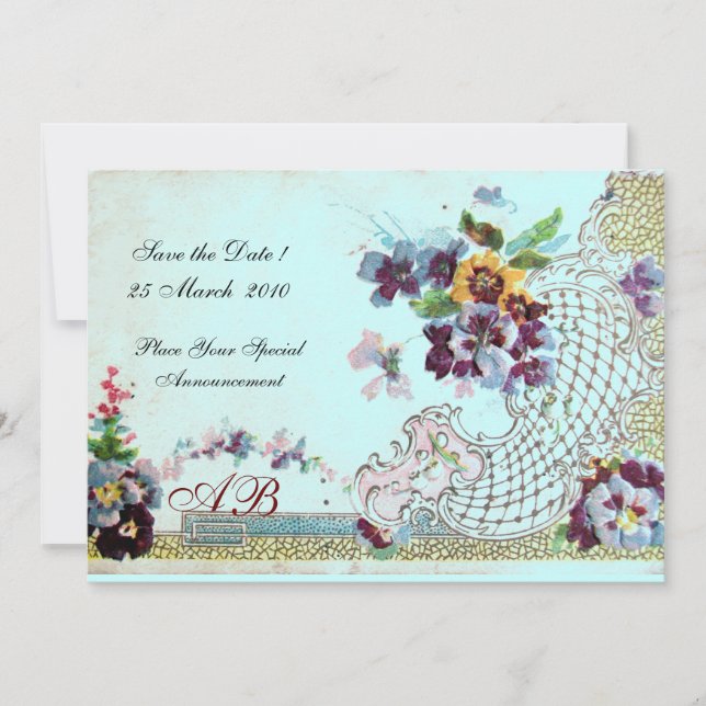 Invitation ROMANTİCA Rose Turquoise Bleu Monogramme de Fleurs (Devant)