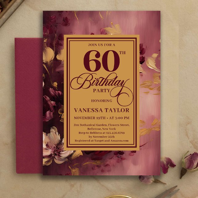 Invitation romantique 60ème anniversaire Bourgogne (Romantic 60th Birthday Burgundy Floral Gold Invitation)