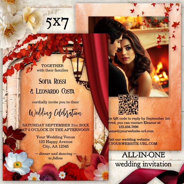 Invitation Romantique Automne Classique Italien tout en un Ma (All-in-one wedding invitation featuring an Italian Roman arch, lantern and colorful fall leaves)