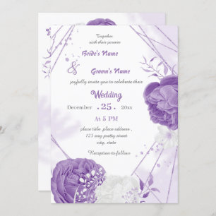 Invitation romantique blanc & fleurs violettes mariage géomét