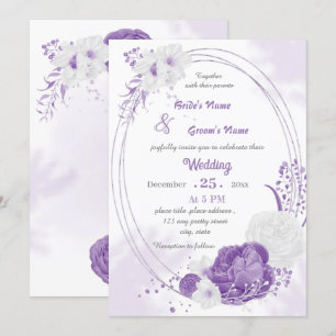 Invitation romantique blanc & fleurs violettes mariage géomét