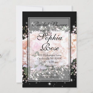 Invitation Romantique blanc & noir dentelle hydrangeas roses