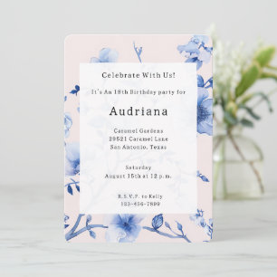 Invitation Romantique Bleu Bleu Floral Anniversaire