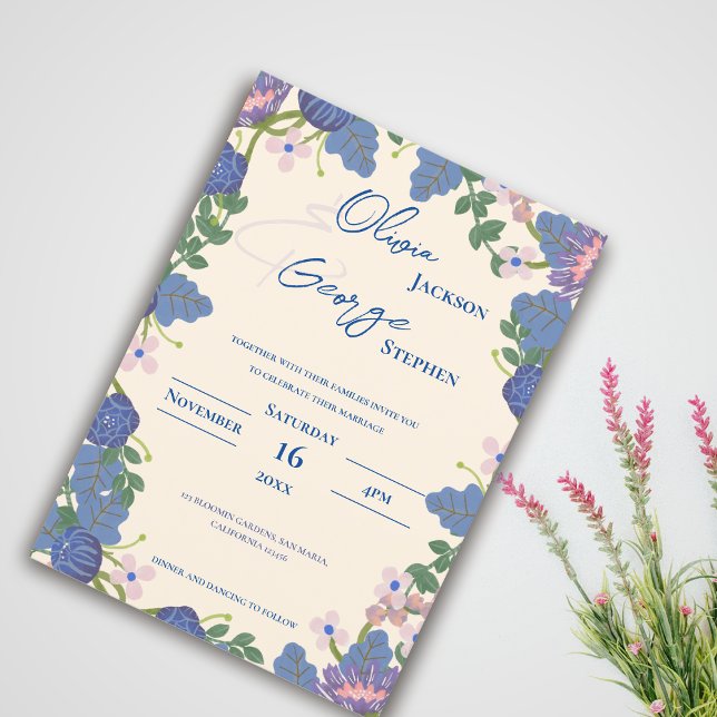 Invitation Romantique Bleu & Fleurs Violettes Mariage de Jard (Romantic Blue & Purple Florals Garden Wedding Invitation)